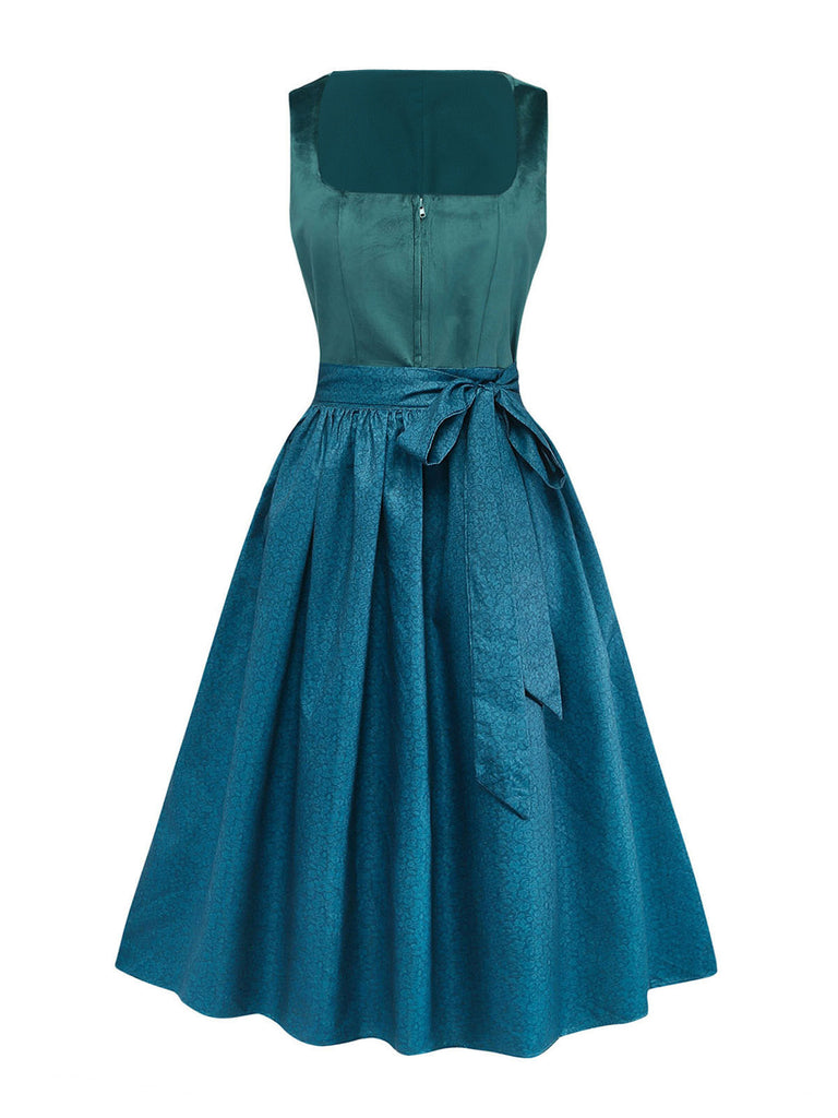 Blaugrünes 3-teiliges 50er Kleid mit Blumen-Schürze und Spitzentop