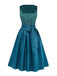 Blaugrünes 2-teiliges 50er Kleid mit Blumen-Schürze