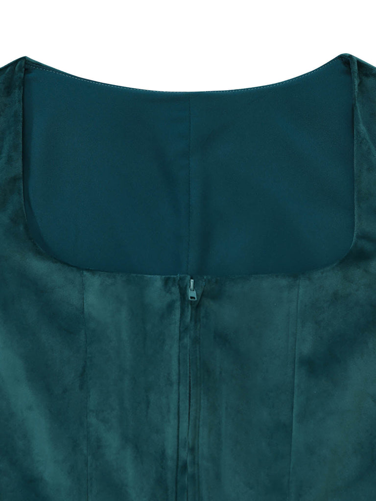 Blaugrünes 3-teiliges 50er Kleid mit Blumen-Schürze und Spitzentop