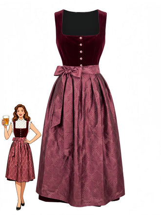 Weinrotes 50er 2PCS Samtkleid mit Schürze