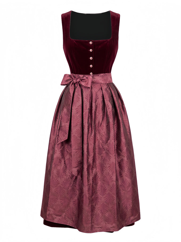 Weinrotes 50er 3PCS Kleid mit Samt und Schürze