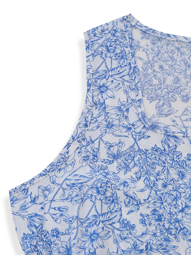 40er Ärmelloses Midikleid mit Streublumen und Eckiger Ausschnitt