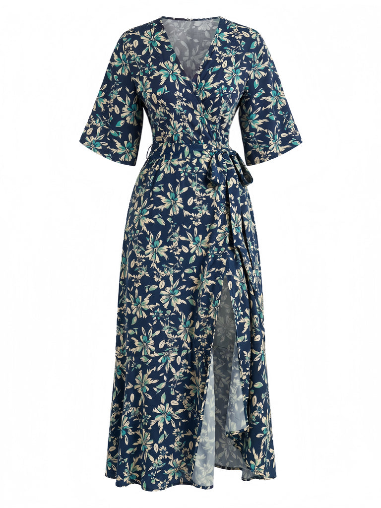 70er Boho Midikleid mit Blumen-Print und V-Ausschnitt