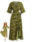 70er Boho-Wickel-Midikleid mit Blumenprint und V-Ausschnitt