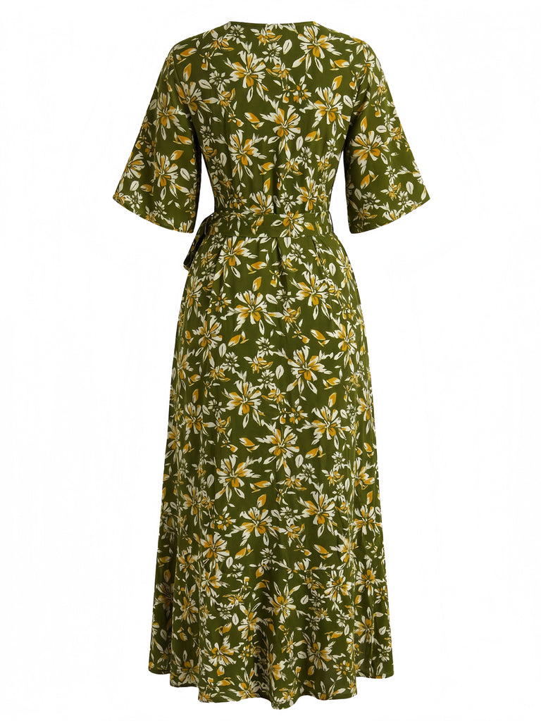70er Boho Midikleid mit Blumen-Print und V-Ausschnitt