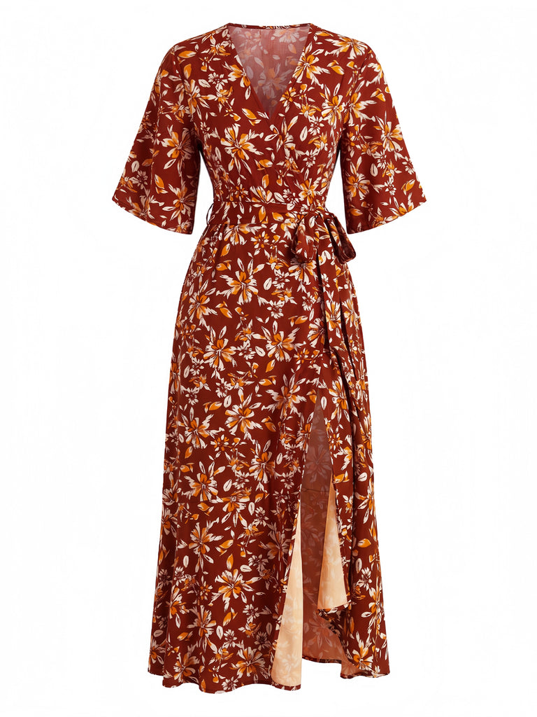 70er Boho Midikleid mit Blumen-Print und V-Ausschnitt