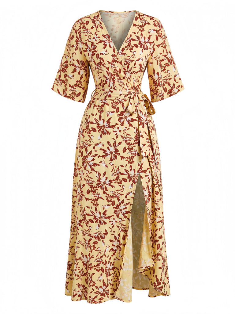 70er Boho Midikleid mit Blumen-Print und V-Ausschnitt
