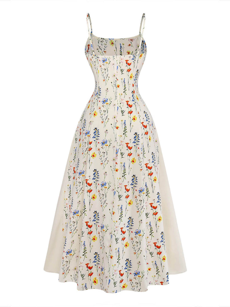 Beiges 70er Midikleid mit Ditsy-Blumen und Spaghettiträgern