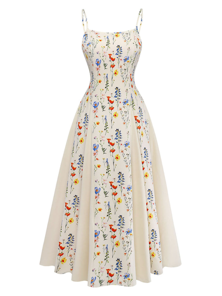 Beiges 70er Midikleid mit Ditsy-Blumen und Spaghettiträgern