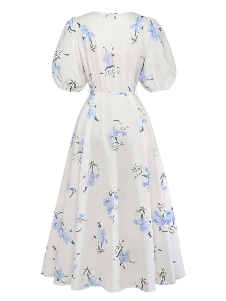 Beige 1940s Floral V Neck Dress 2