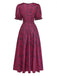 Weinrotes 40er Maxikleid mit Blumen-Print und Eckiger Ausschnitt