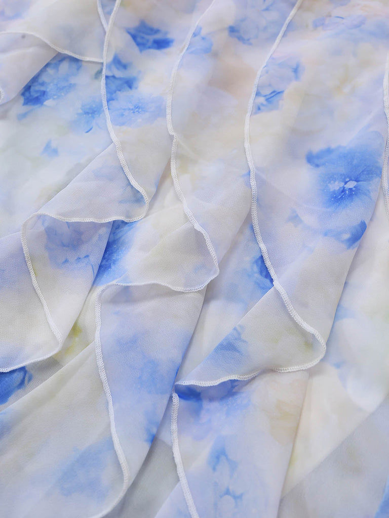 30er schulterfreies Maxikleid mit Blumen und Rüschen