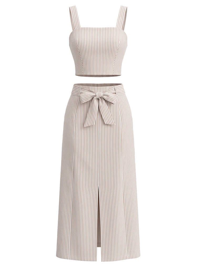 Khaki 40er Rock mit Schleife und Crop-Top