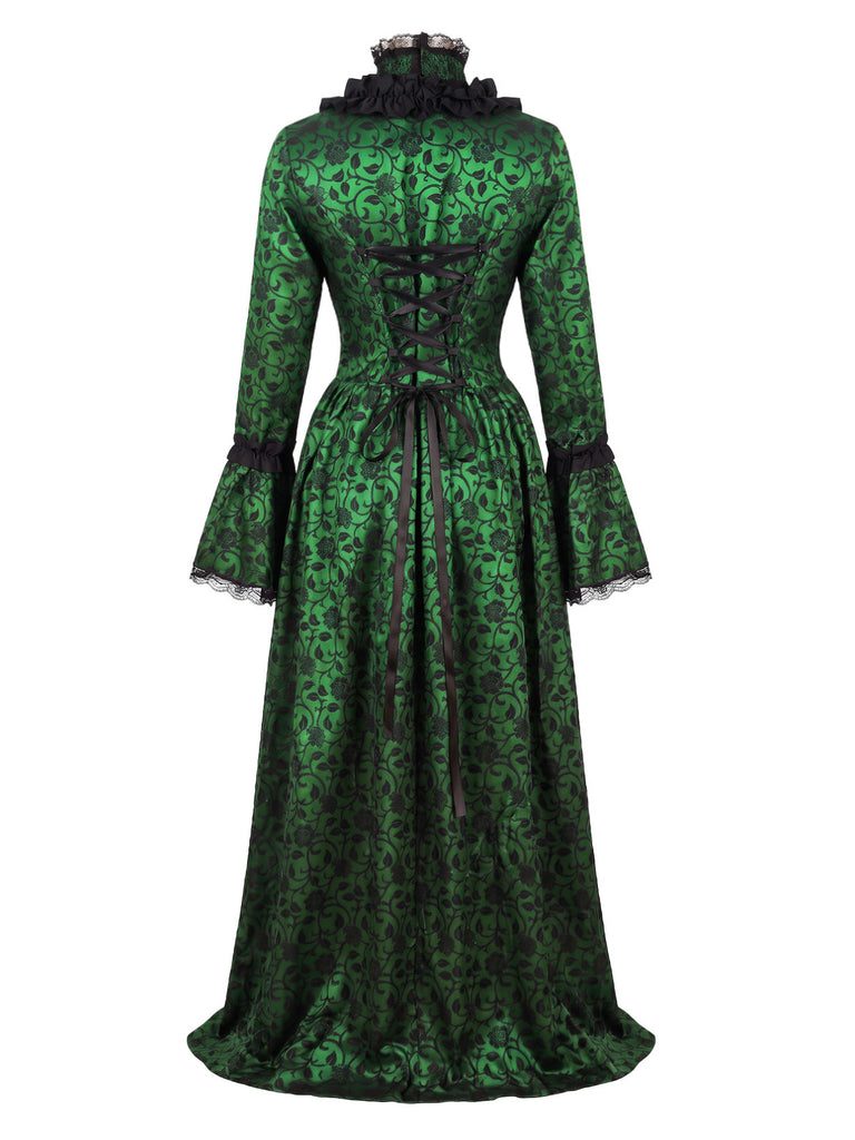 30er Gothic Maxikleid mit Blumen und Glockenärmeln