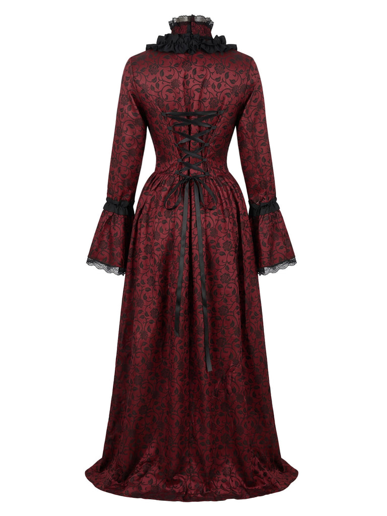 30er Gothic Maxikleid mit Blumen und Glockenärmeln