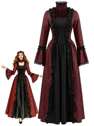 30er Gothic Maxikleid mit Blumen und Glockenärmeln