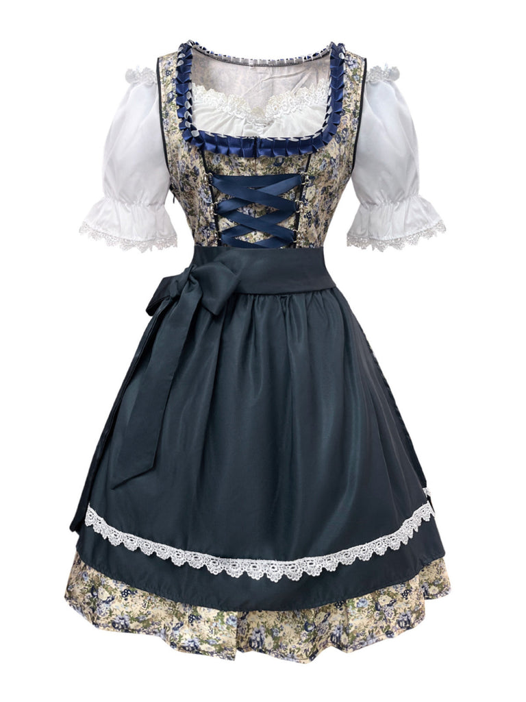 Blaues 50er 3PCS Kleid mit Pufftop und Blumen-Schürze