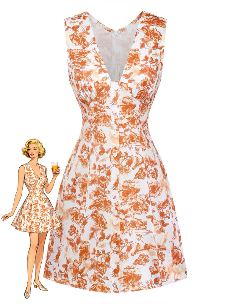 Orange 60er Kleid mit V-Ausschnitt und Blumen