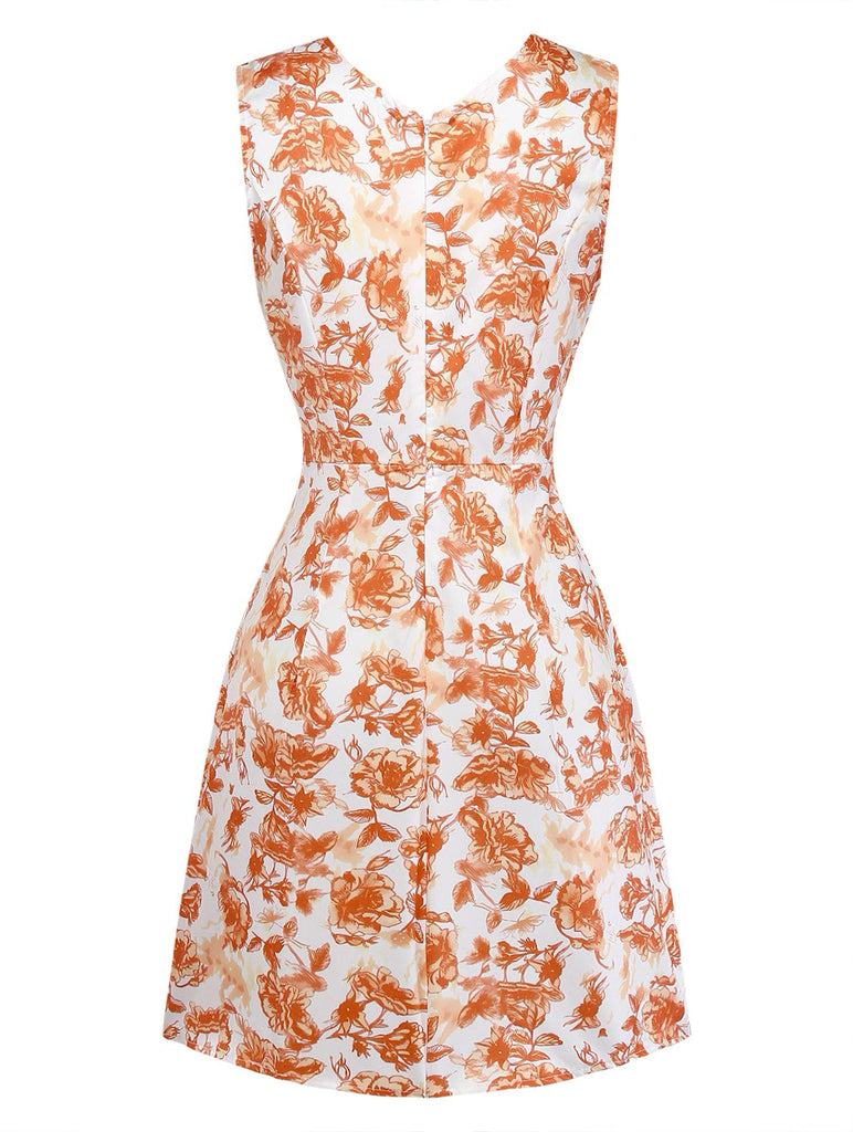 Orange 60er Kleid mit V-Ausschnitt und Blumen