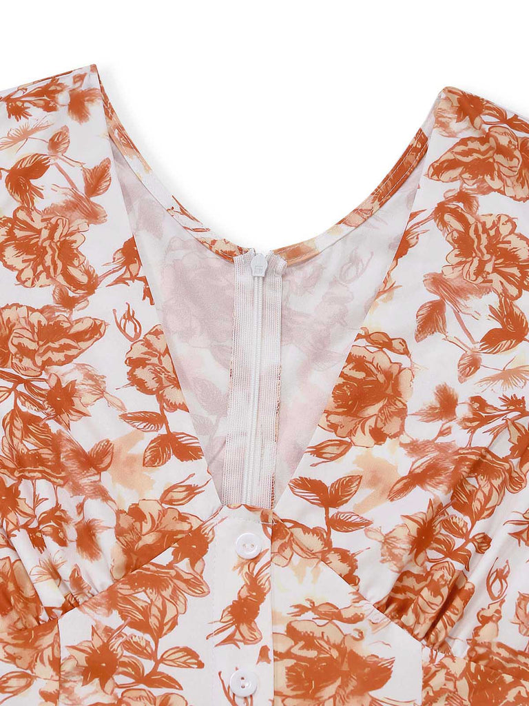 Orange 60er Kleid mit V-Ausschnitt und Blumen