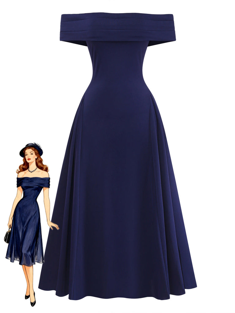 Blaues 50er schulterfreies Swingkleid mit Umklappen und Ausschnitt