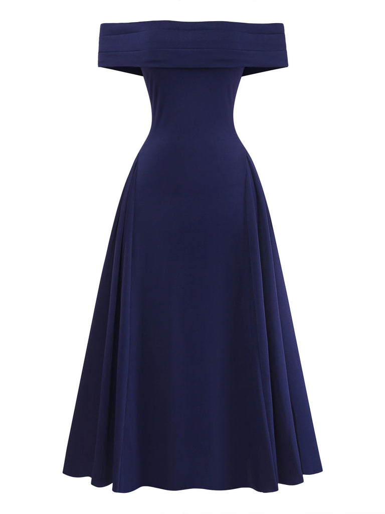 Blaues 50er schulterfreies Swingkleid mit Umklappen und Ausschnitt