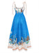 Blaues 70er Kleid mit Eckiger Ausschnitt und Blumen