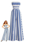 Blauer 70er trägerloser Jumpsuit mit geometrischem Print