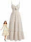 Beige 40er Trägerkleid mit Punkten und Schleife