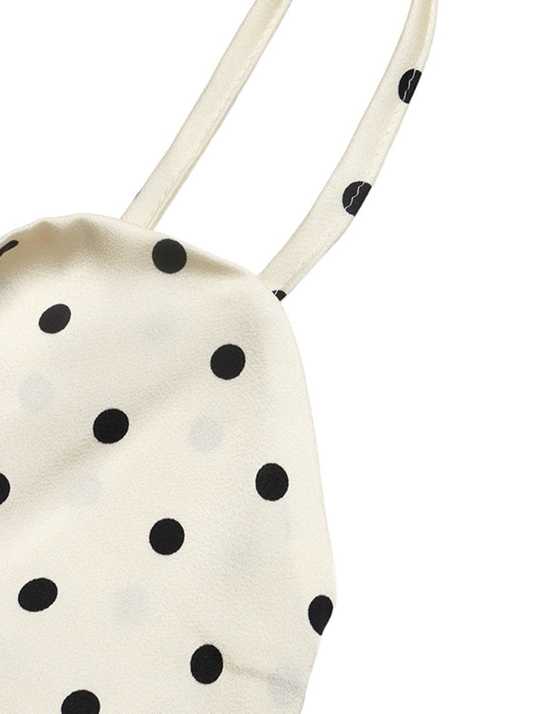 Beige 40er Kleid mit Polka-Dots und Schleife
