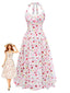 Weißes 50er Midikleid mit Blumen-Print und Neckholder-Bindung