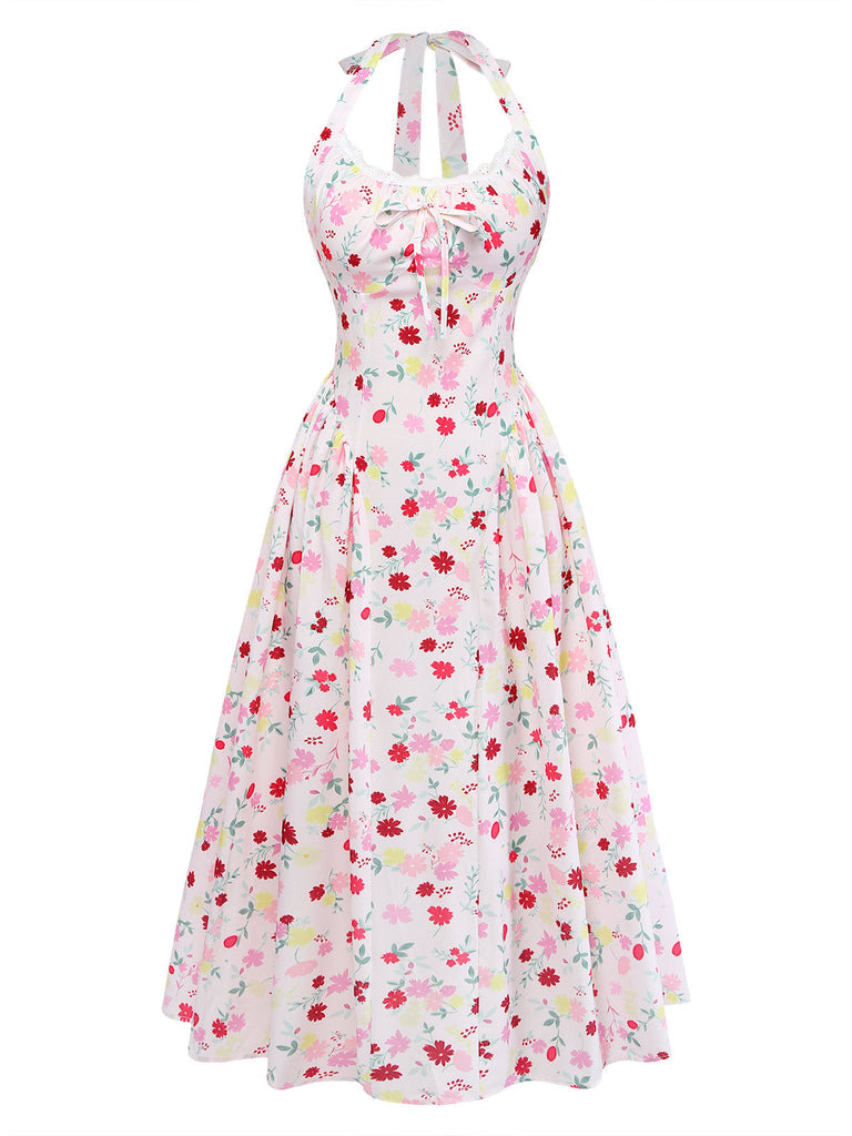 Weißes & Rosa 50er Midikleid mit Neckholder und Blumen