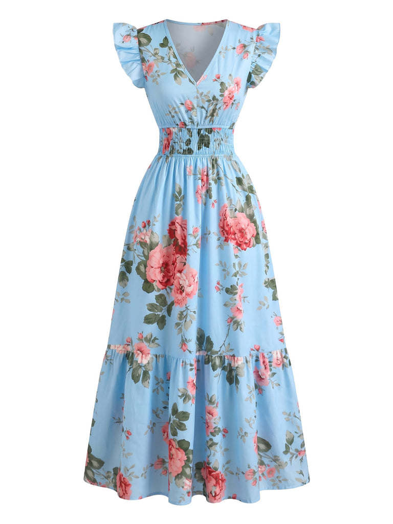 Blaues & Rosa 40er Kleid mit Kappärmel und V-Ausschnitt
