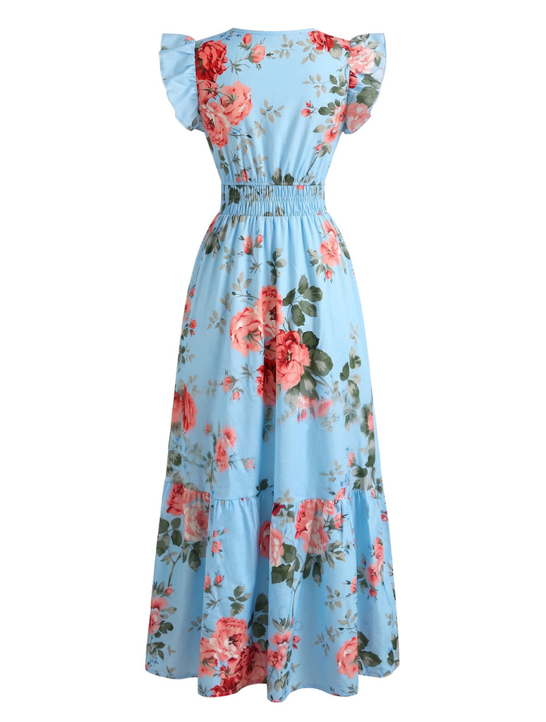 Blaues & Rosa 40er Kleid mit Kappärmel und V-Ausschnitt