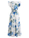 Blaues & Rosa 40er Kleid mit Kappärmel und V-Ausschnitt