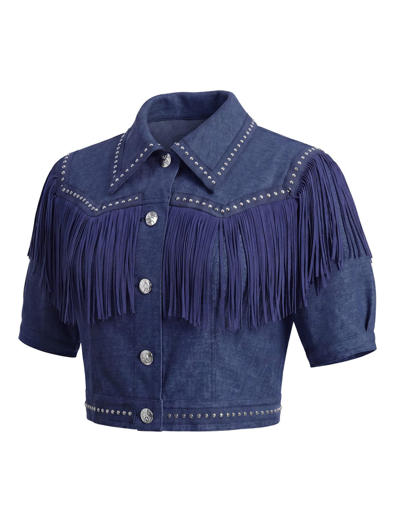 Marineblaue 60er Jeans-Jacke mit Fransen und Nieten