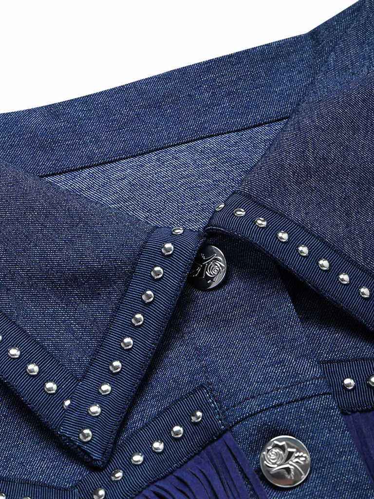 Marineblaue 60er Jeans-Jacke mit Fransen und Nieten