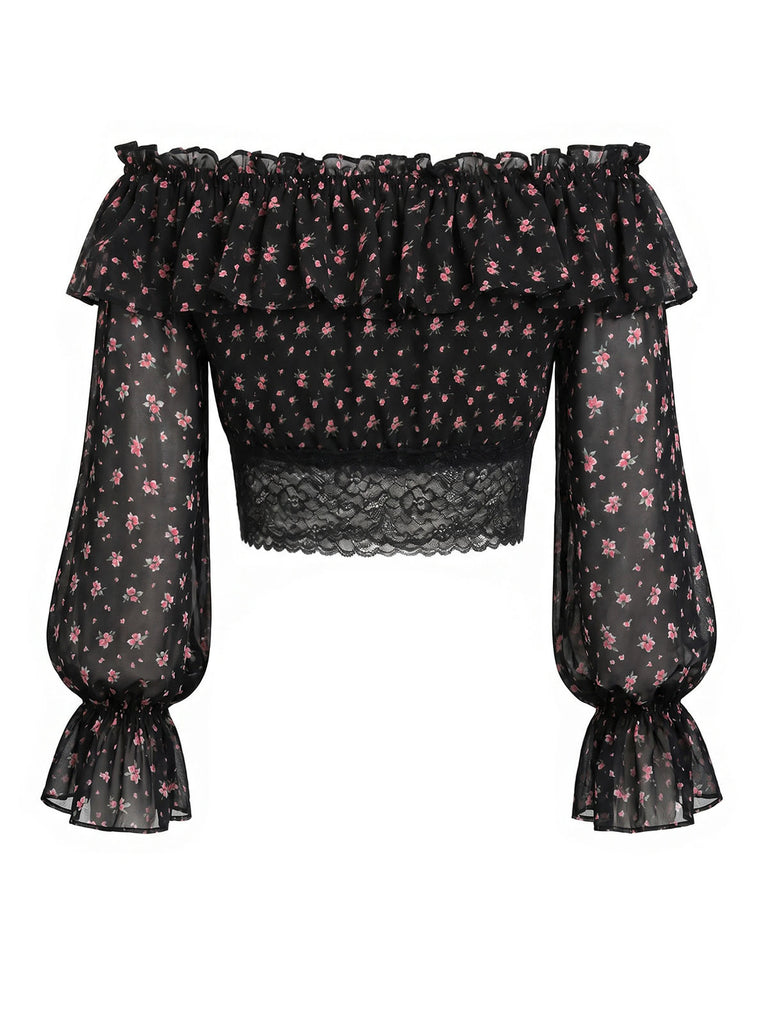 Schwarzer 50er Rock mit Streublumen und Spitze