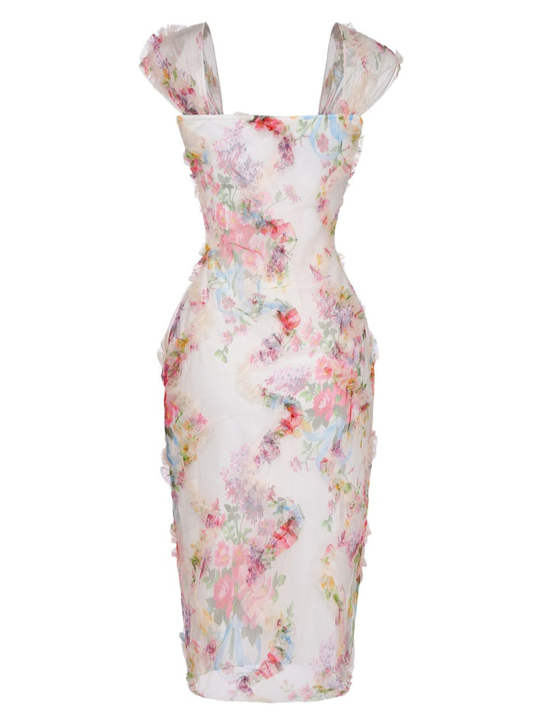 Mehrfarbiges 60er Netz-Kleid mit Blumen und Figurbetont