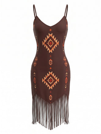 Braunes 70er Boho Kleid mit V-Ausschnitt und Fransen-Saum