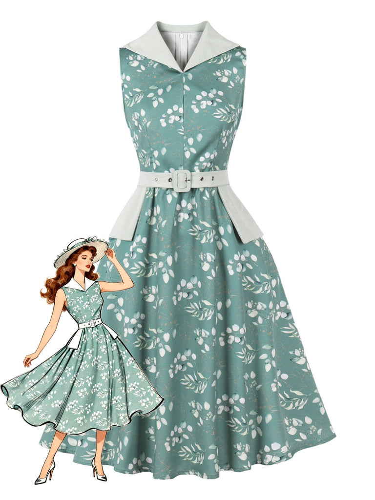 Grünes & Graues 50er Kleid mit V-Ausschnitt und Blumen