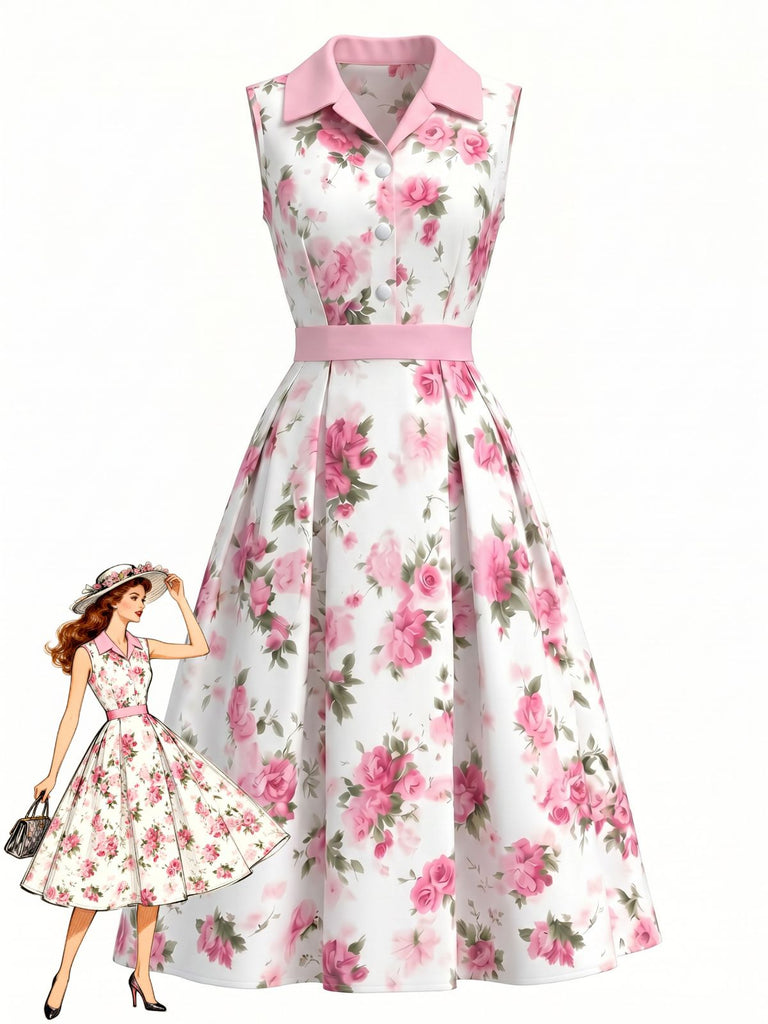 Rosa & Rosa 50er Ärmelloses Swingkleid mit Reverskragen und Knopf