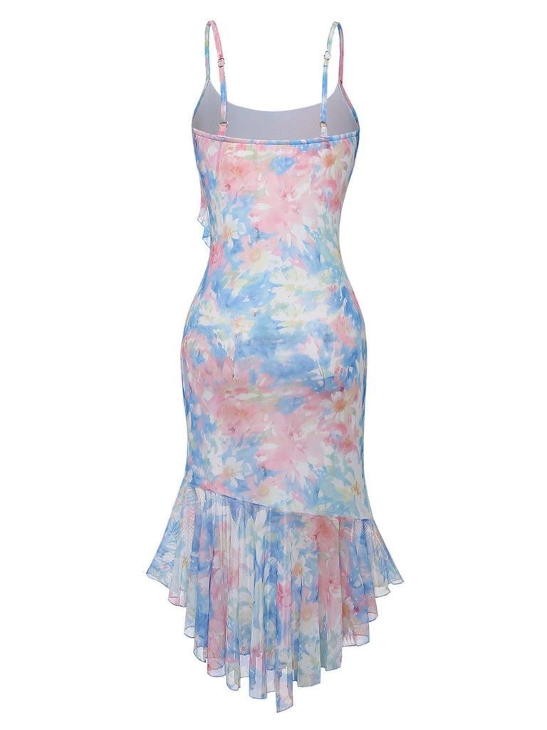 Blaues 30er Meerjungfrauenkleid mit Spaghettiträger und Blumen