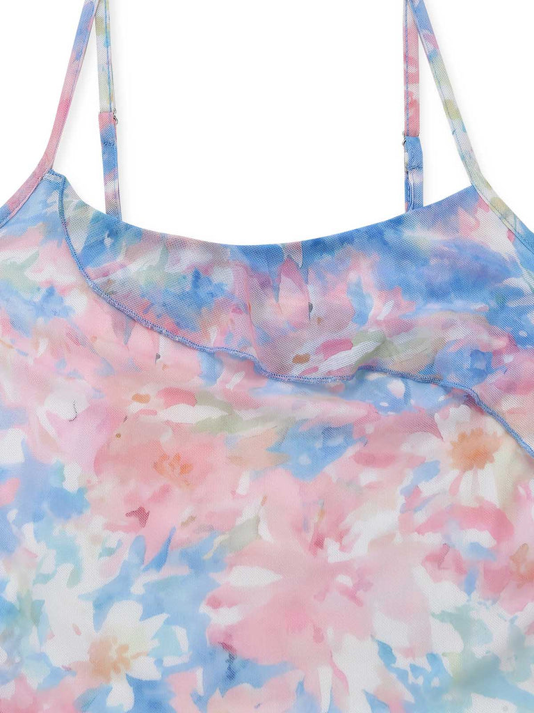 Blaues 30er Meerjungfrauenkleid mit Spaghettiträger und Blumen