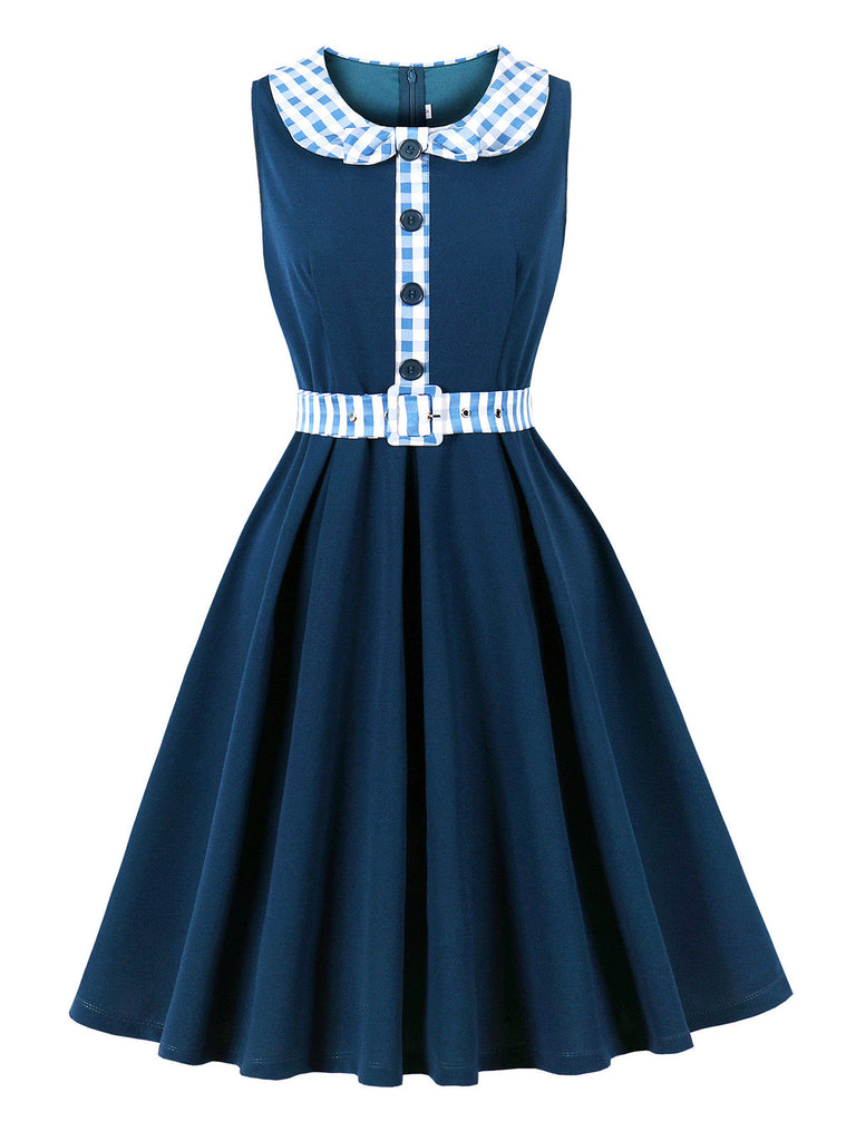 Marineblaues 50er Swingkleid mit Peter-Pan-Kragen und Gingham