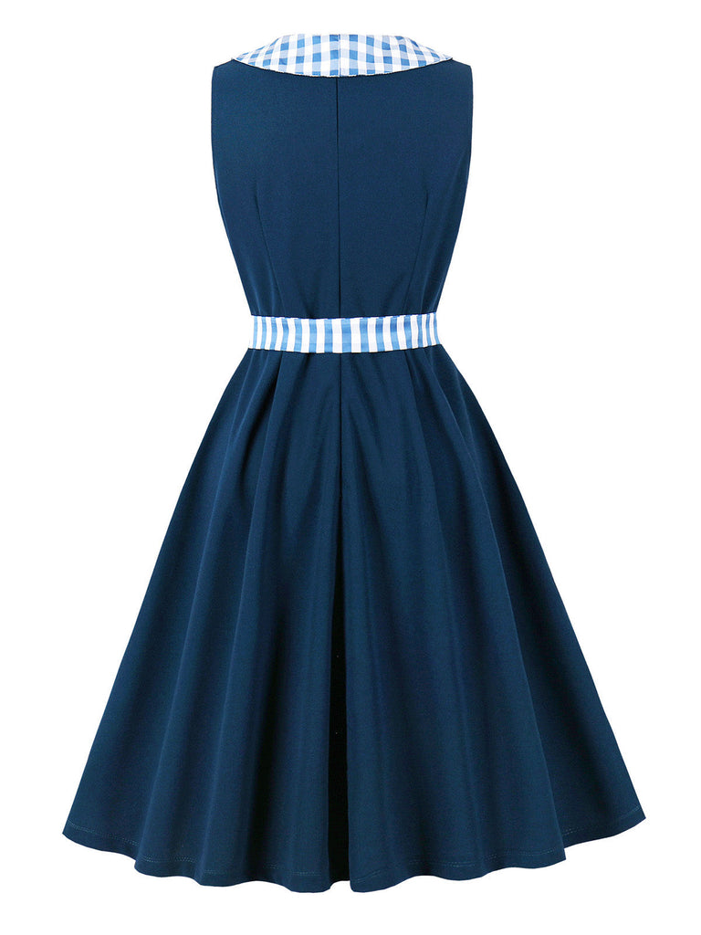 Marineblaues 50er Swingkleid mit Peter-Pan-Kragen und Gingham