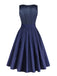 Dunkelblaues 50er Jacquard-Kleid mit Samt und Spitze