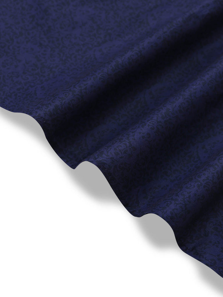 Dunkelblaues 50er Jacquard-Kleid mit Eckiger Ausschnitt und Samt
