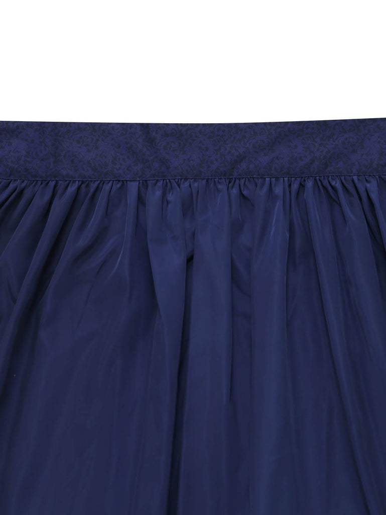 Dunkelblaues 50er Jacquard-Kleid mit Eckiger Ausschnitt und Samt