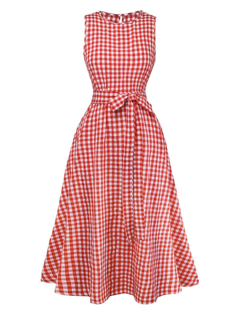 Rotes 50er Ärmelloses Swingkleid mit Gingham